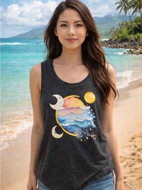 Chameleon Surf Celestial Circle Moon Wave Muscle Tank